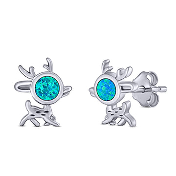Deer Stud Earring Created Blue Opal Solid 925 Sterling Silver (10.1mm)